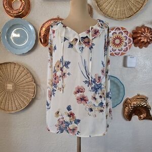 Chaps Sheer Floral Ruffle V-Neck Blouse
